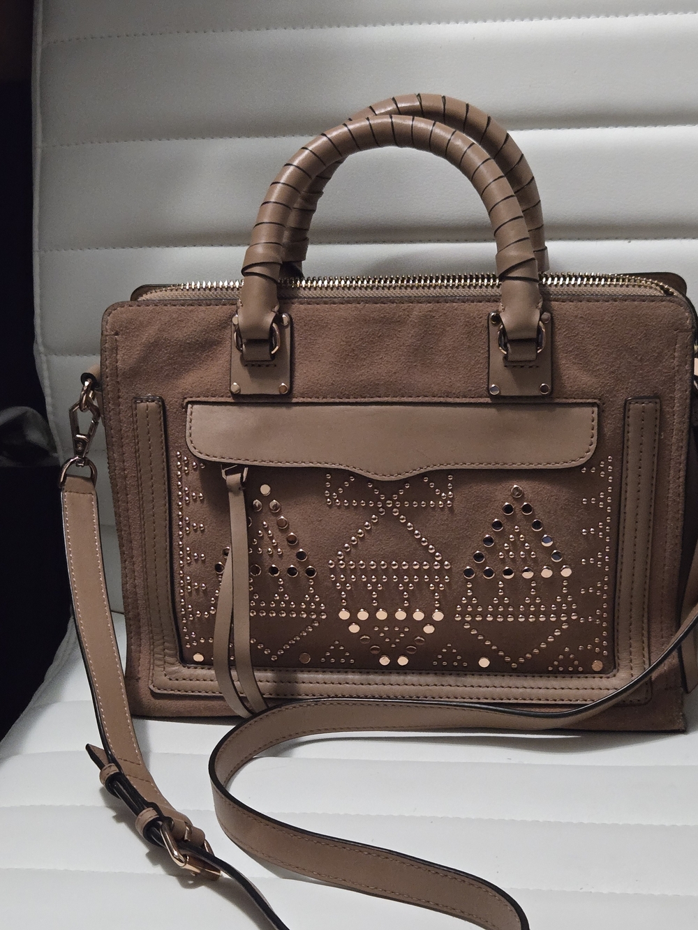 Tan Studded Suede Top-Handle Satchelt Shoulder Bag